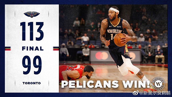 <a href=/basketball/pelicans/ target=_blank class=infotextkey>鹈鹕</a>113-99大胜<a href=/basketball/raptors/ target=_blank class=infotextkey>猛龙</a>